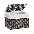 SONGMICS Storage Basket with Lid, 9.2 Gallon (35L) Storage Bin, Woven Blanket Storage Basket with Handles, Foldable, Removable Liner, Metal Frame, for Bedroom, Laundry Room, Brown URST040K01