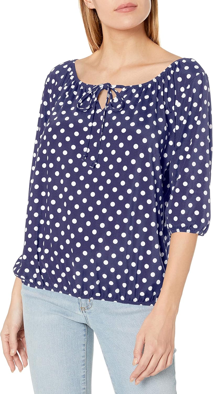 Star Vixen Women's 3/4 Sleeve Peasant Top with Keyhole Tie and Elastic