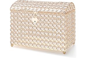 Nitial Crystal Wedding Card Box with Heart Lock 11in Wedding Money Box Treasure Chest Gold Bead Card Receiving Memory Storage for Reception Brithday Graduation Baby Shower Party (Elegant Style)
