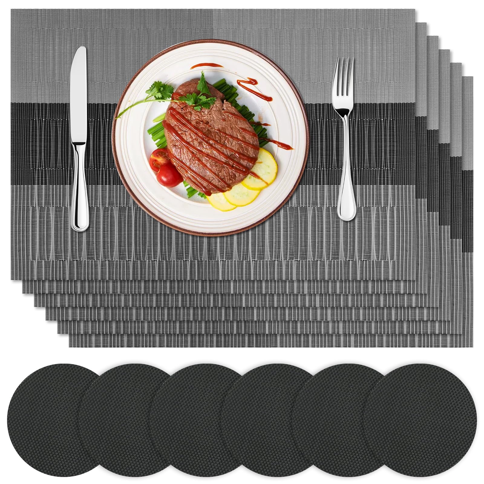 Placemats and Coasters Set of 6, Washable PVC Place Mats Non-Slip Heat Resistant Table Mats for Kitchen Dining Table, Home Restaurant, Hotel (6 Placemat + 6 Coaster)
