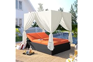 GODAFA Sofa Outdoor Patio Wicker Sunbed Daybed Lounge Chairs with Canopy, Cushions, Adjustable Seats for Backyard,Porch, Orange