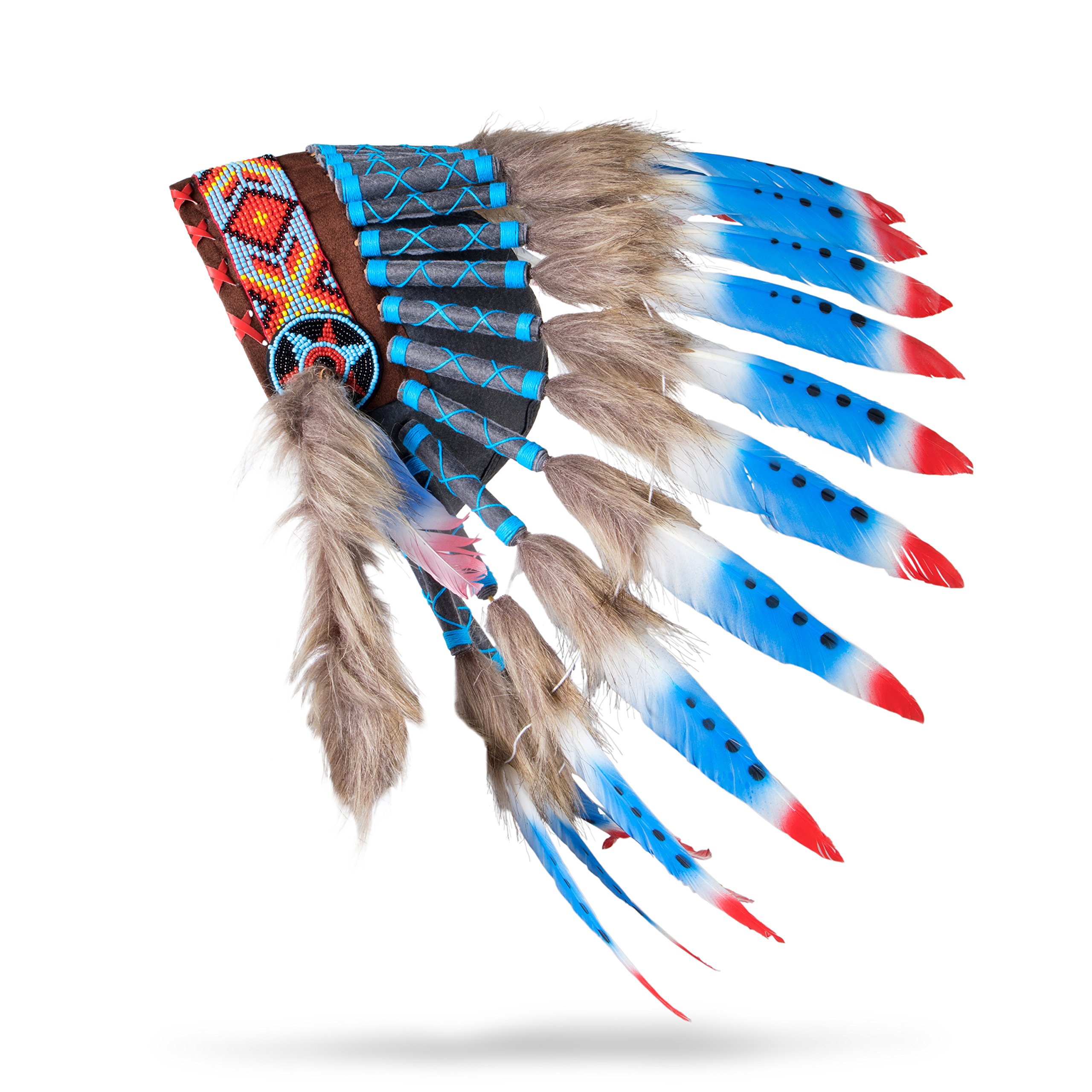 Pink Pineapple Handcrafted Native American Inspired Feather Headdress - Short Length - Blue, Red and White