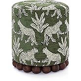 TOV Furniture Dex Small Round Ottoman, Leopard Jacquard, Olive Green | Compact Round Ottoman Footstool | Solid Wood Spherical Orb Legs | Extra Seating, Footrest or Vanity Stool | Fully Assembled