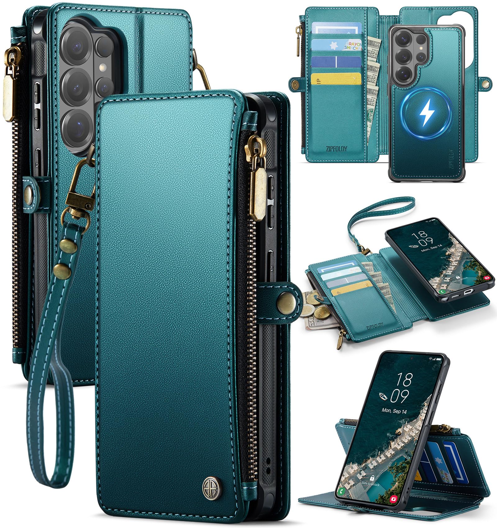 Photo 1 of ZipFoldy for Samsung Galaxy S26 Ultra Wallet Case Magnetic [Compatible with Magsafe] [RFID Blocking Card Holder] [Zipper] Detachable Drop-Proof Protective Phone Cases for Galaxy S26 Ultra, Turquoise