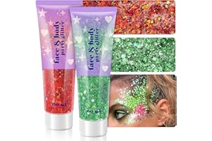 LINWULTE Holographic Body Glitter Gel, 120ml Face Shimmer Makeup for for Hair, Face, Arm, Nail, Eyeshadow, 2 Jars Chunky and Powder Mixed Iridescent Sequins Party Glitter Gel for Rave Festival (Red & Green)
