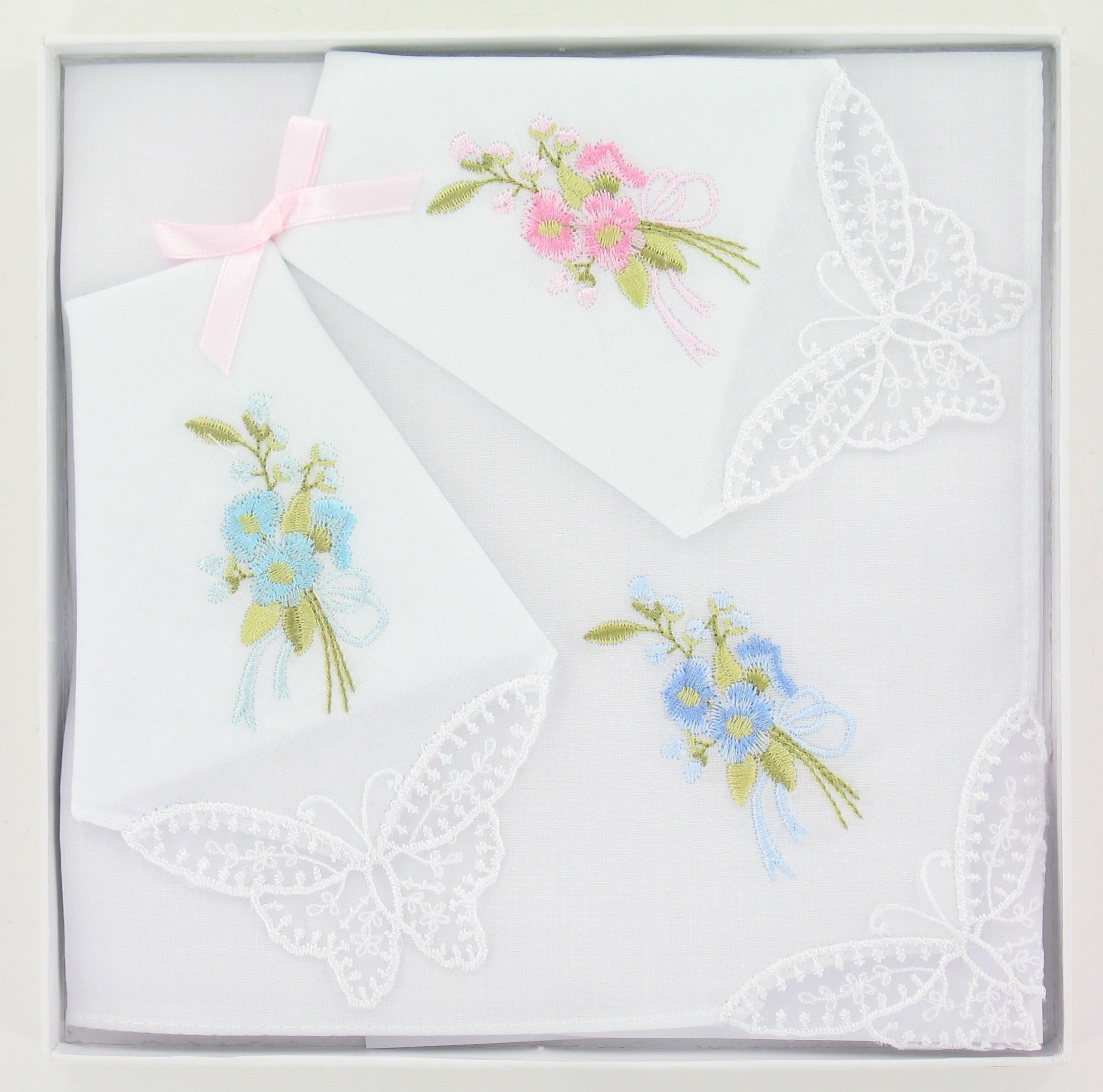 Ladies Embroided Floral Handkerchiefs (HH137) Gift Boxed Womens Handkerchiefs- Set of 3 Handkerchiefs
