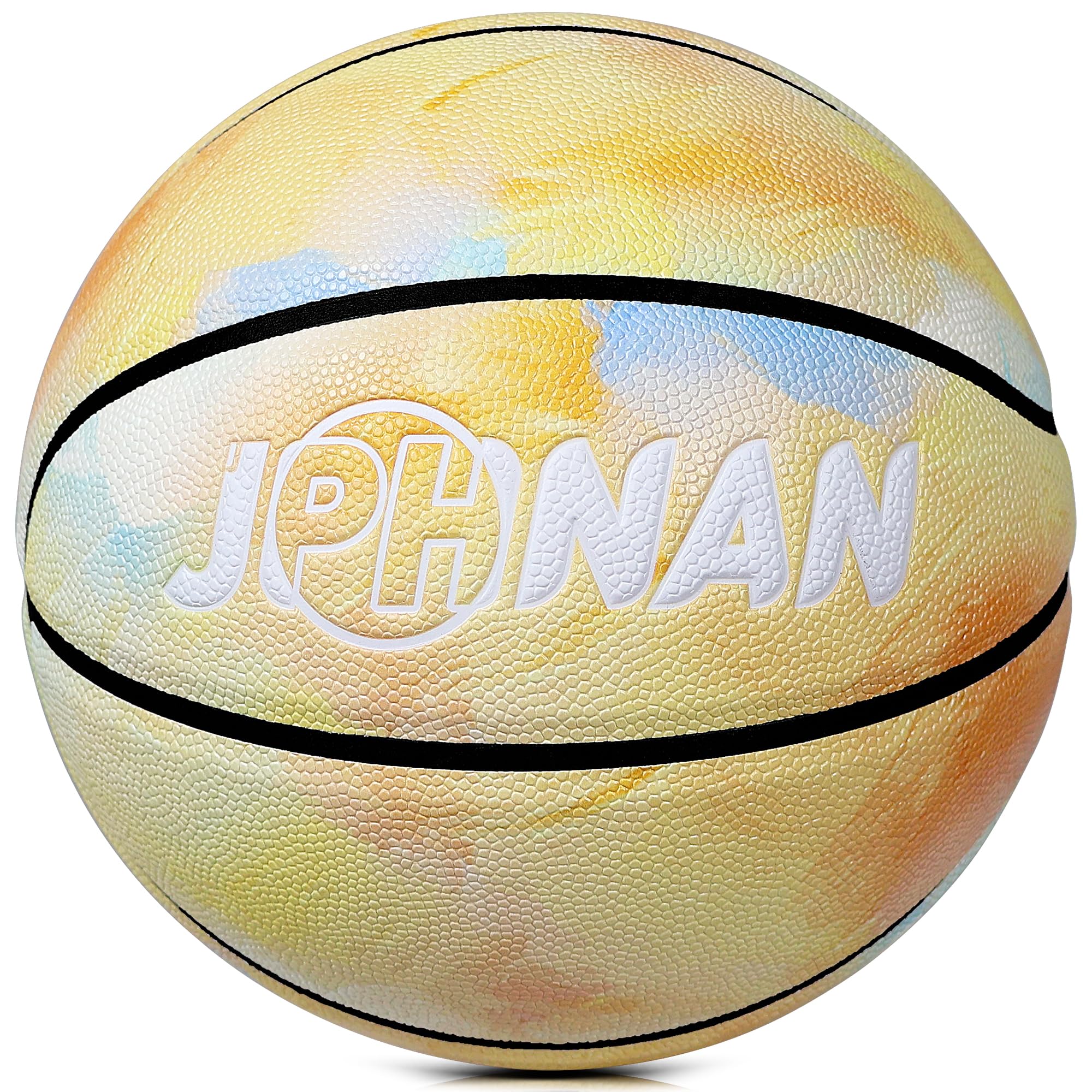 JPHNAN バスケットボール 7号 弾性に 吸湿性 人工皮革 バスケットボール 抽象的なスタイルの油絵デザイン カラーボール カラフル 7号バスケ 黄色+オレン色+水色 の商品画像