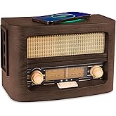 Fuse Vint Vintage Wood Retro Radio | Wireless Charging Pad | AM/FM Radio Speaker with Bluetooth & AUX Input | Mid-Century Modern Design | Handcrafted Ashtree Wood Exterior