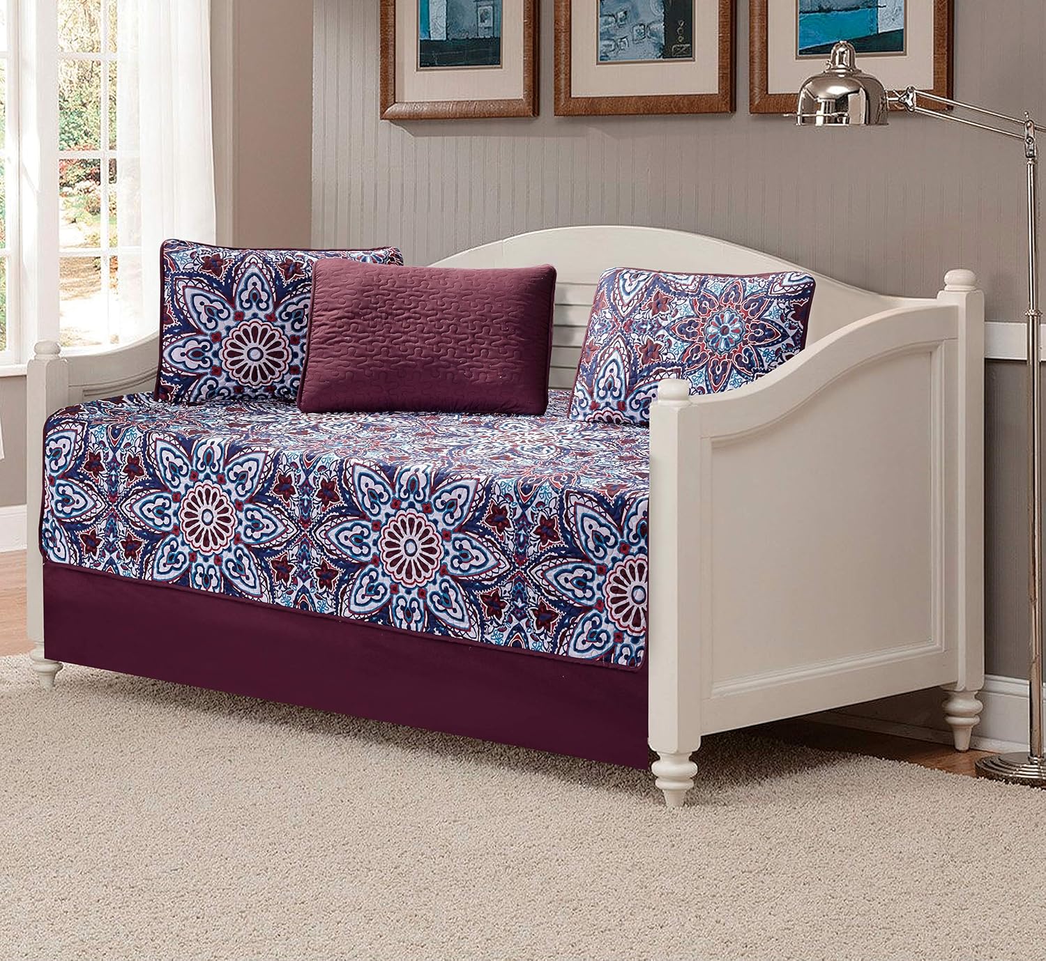 Fancy Linen 5pc Daybed Set Bed Cover with Flowers Burgundy Navy Blue Teal Red White New