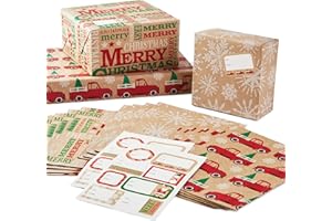 Hallmark Christmas Flat Wrapping Paper Sheets - Recyclable Kraft Gift Wrap Paper (12 Folded Sheets with Sticker Seals) Rustic Red Trucks, White Snowflakes, Merry Christmas Lettering