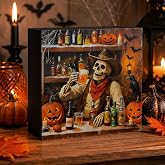 Ghoaoivo Skeleton Cowboy Bar Halloween Wooden Box Sign 5x5 Inch | Gothic Western Cowboy Halloween Decorations,Skull Halloween Bar Decor Wood Signs for Home Office Desk Table Shelf Decorations