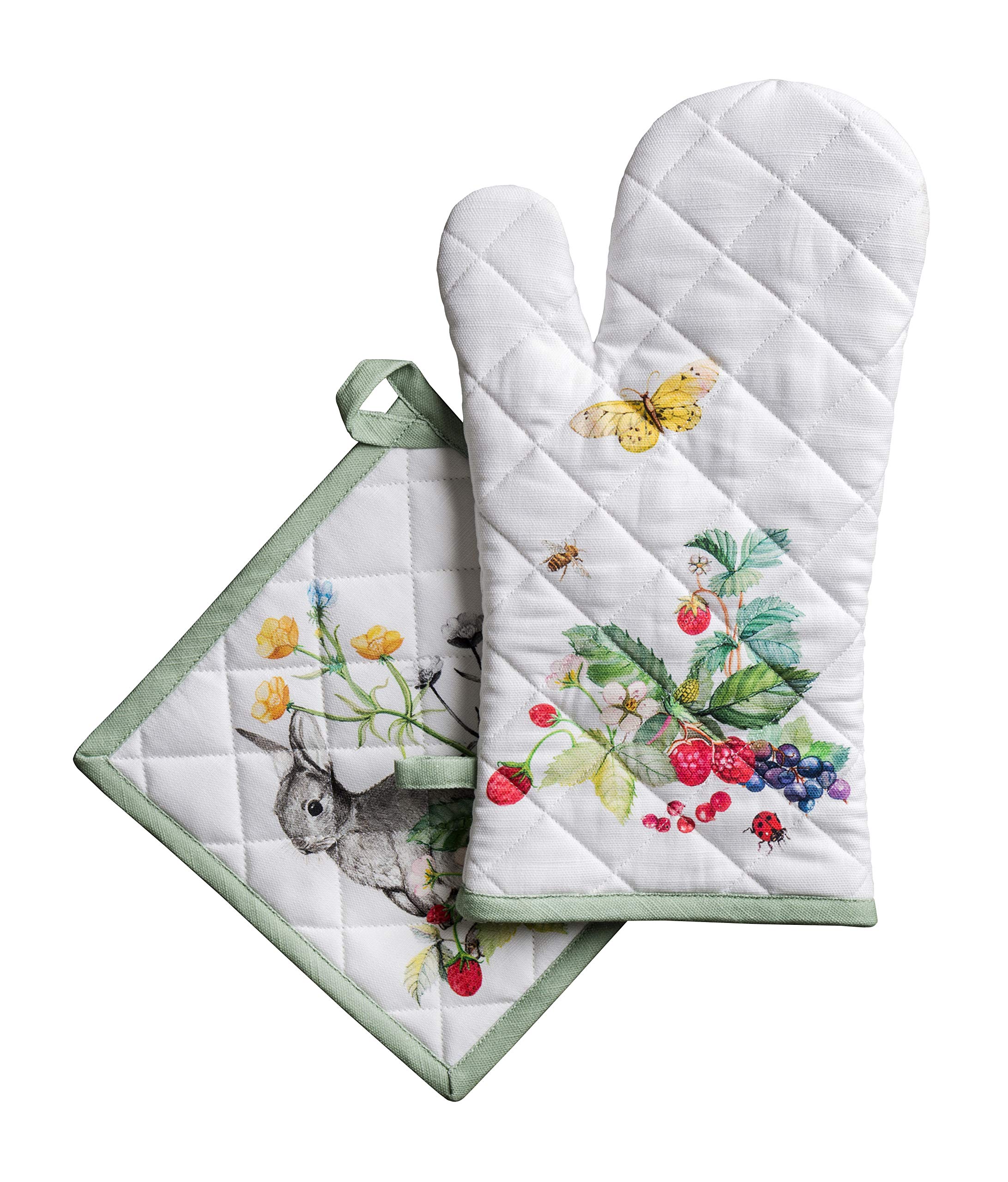 Maison d' Hermine 100% Cotton Oven Mitt & Pot Holder Set (19 x 33 cm & 20 x 20 cm) Heat Resistant BBQ Cooking Gloves with Loop for Baking Handling Hot Pans Gifts for Mothers Day (Printemps)