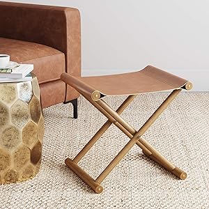 Nathan James 26001 Campaign Foot Stool, Ottoman Stool or Foldable Vanity Stool with a Solid Wood Accent Stool Frame and Soft Vegan Leather Seat, Light Brown