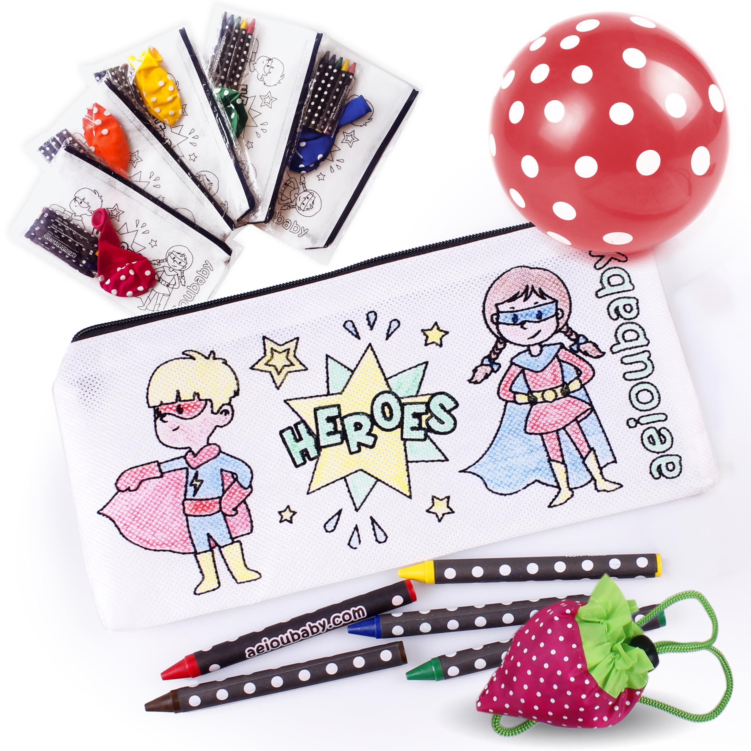 Photo 1 of aeioubaby.com 25 Pencil Cases Color Your Own + Reusable Bag | 25 Individual Bags with 5 Coloured Crayons and a Balloon | Children's Gift for Parties and Birthdays (Heroes)