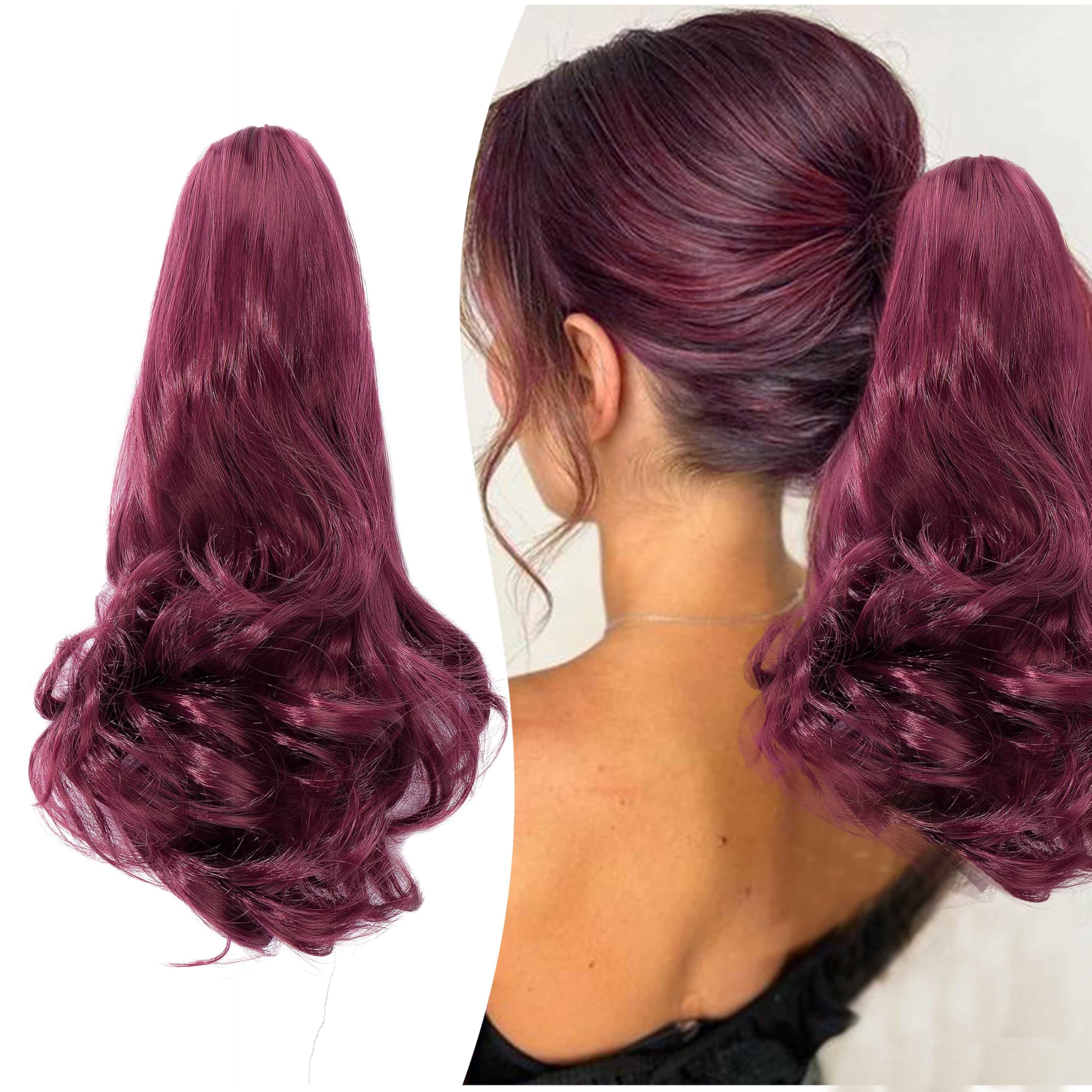 Gairyan 10" Clip in Ponytail Hair Extensions Curly Ponytail Extension Claw on Pony tails Wavy Synthetic Hairpieces for Women Real Natural Short Wave, Wine Red โ image 1