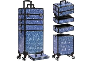 AROUS Rolling Makeup Train Case 5 in 1 Cosmetology Case on Wheels Large Cosmetic Organizer Travel Cart for Hairstylist Artist Nail Beauty Salon Barber,Blue