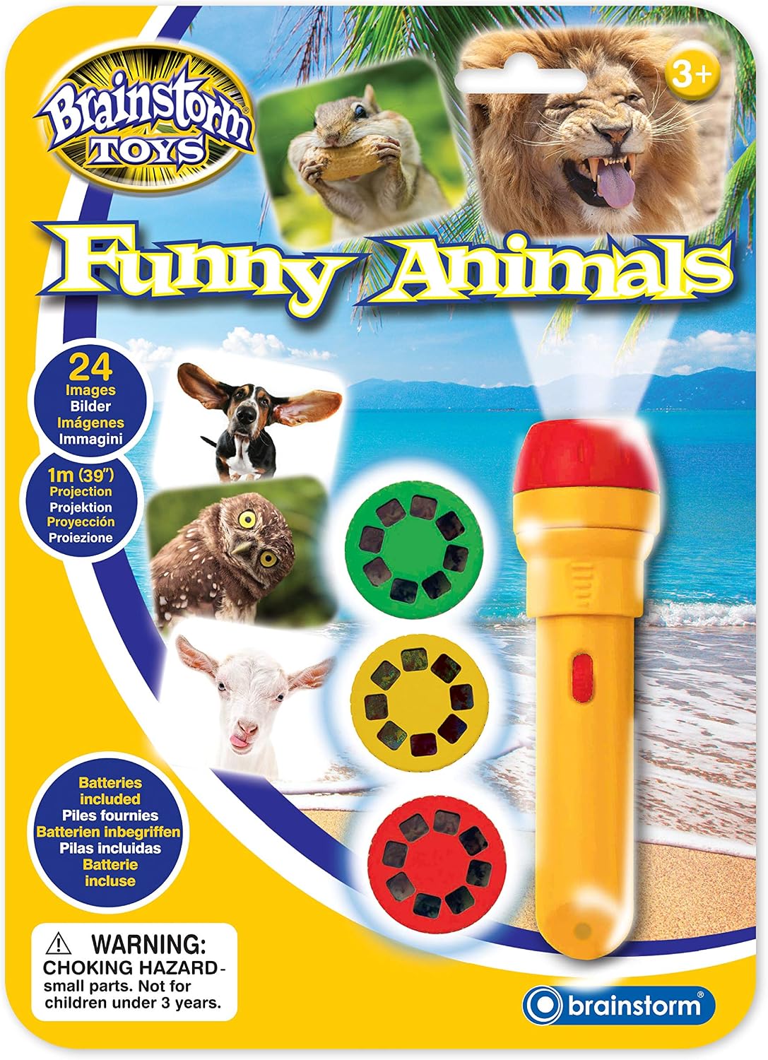 Brainstorm Toys Stem Funny Animals Torch and Projector, 24 Adorable Animal Images, Projects Clear Pictures up to 1 Metre Wide