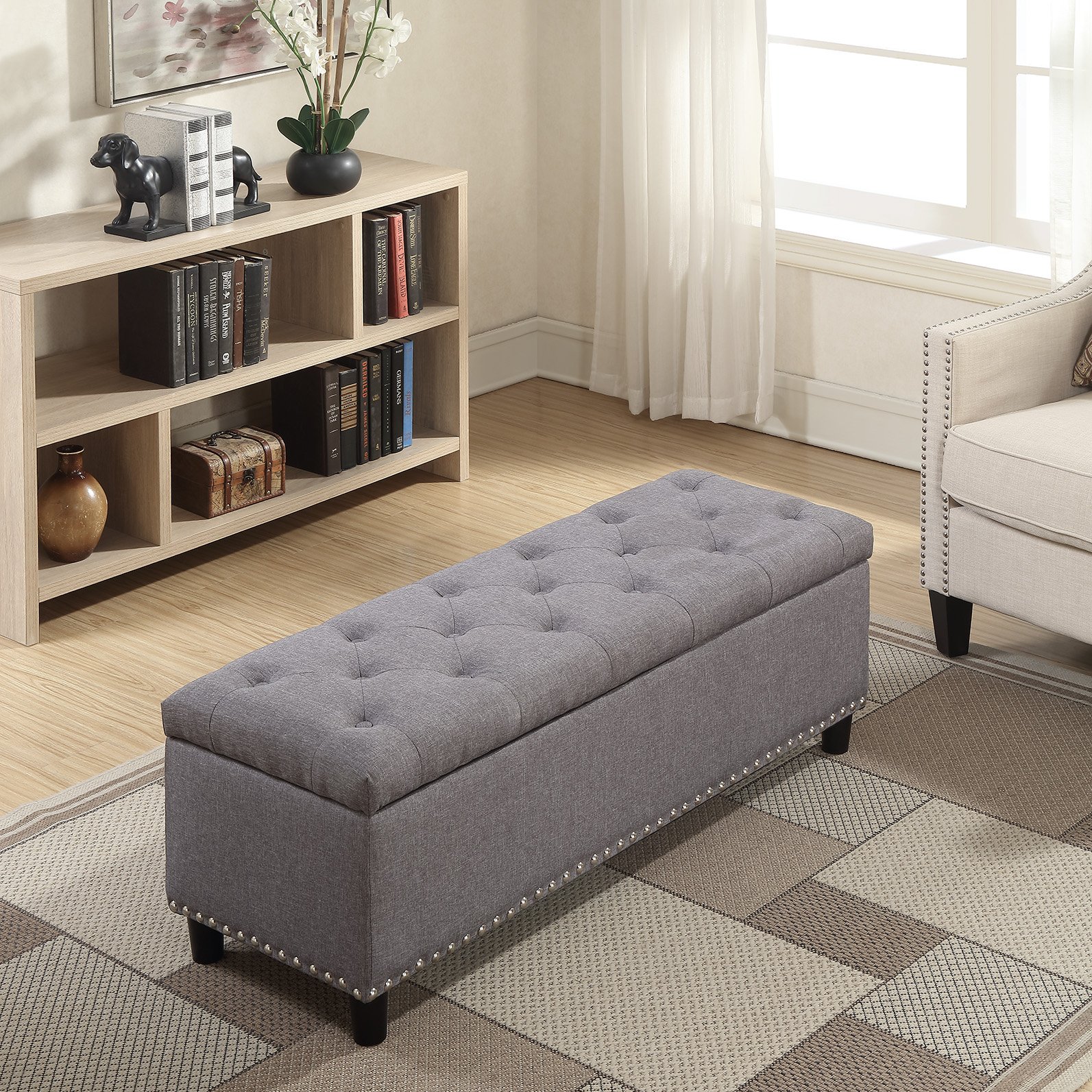 Belleze 48" Rectangular Gray Storage Fabric Ottoman Bench Tufted