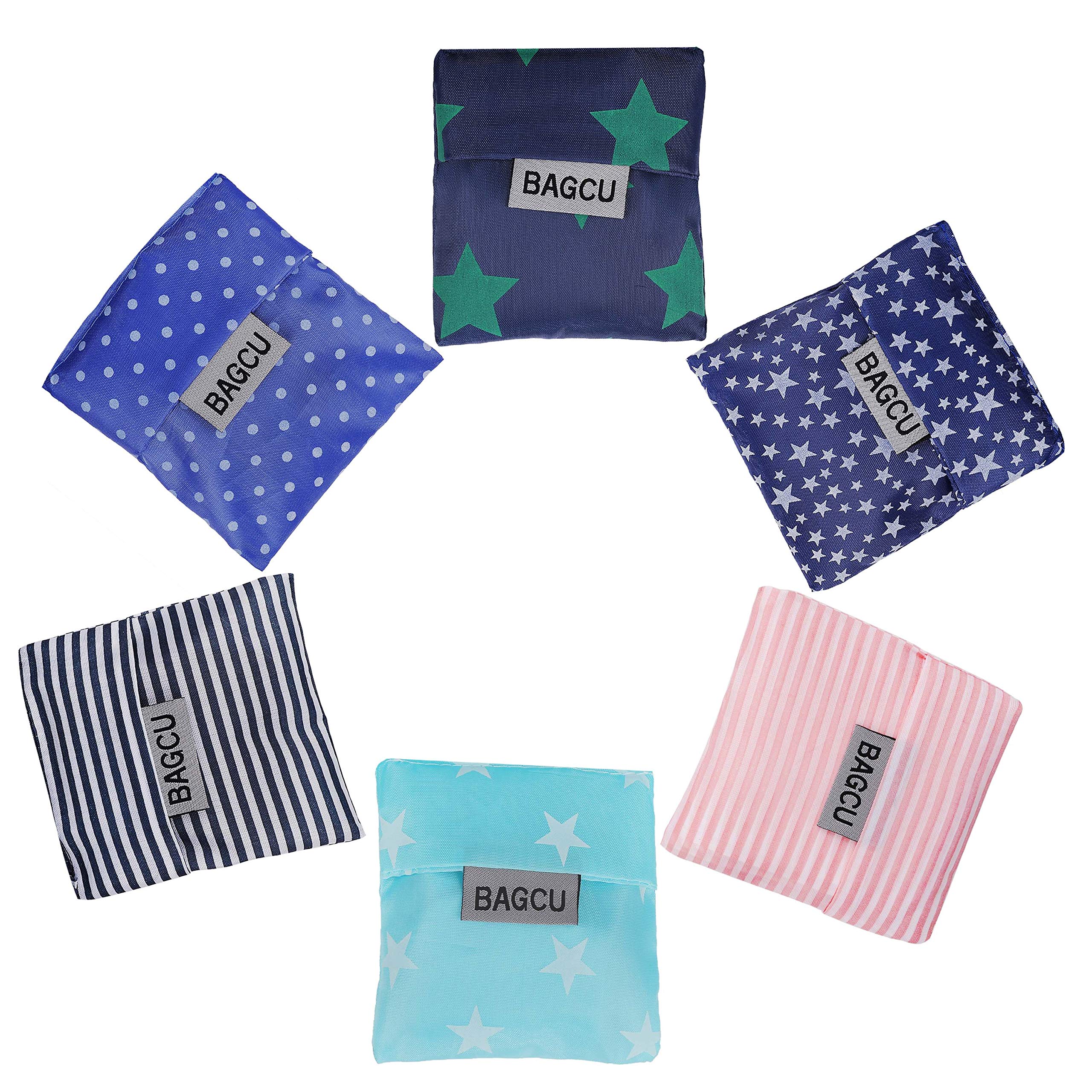 ISIYINER Foldable Shopping Bags Reusable Handy Grocery Bags Washable Shopper Tote Lightweight Purse Bag Fits in Pocket Large Capacity Shopping Pouch for Buying Fruits Vegetables, 6 Pack (6 Styles)