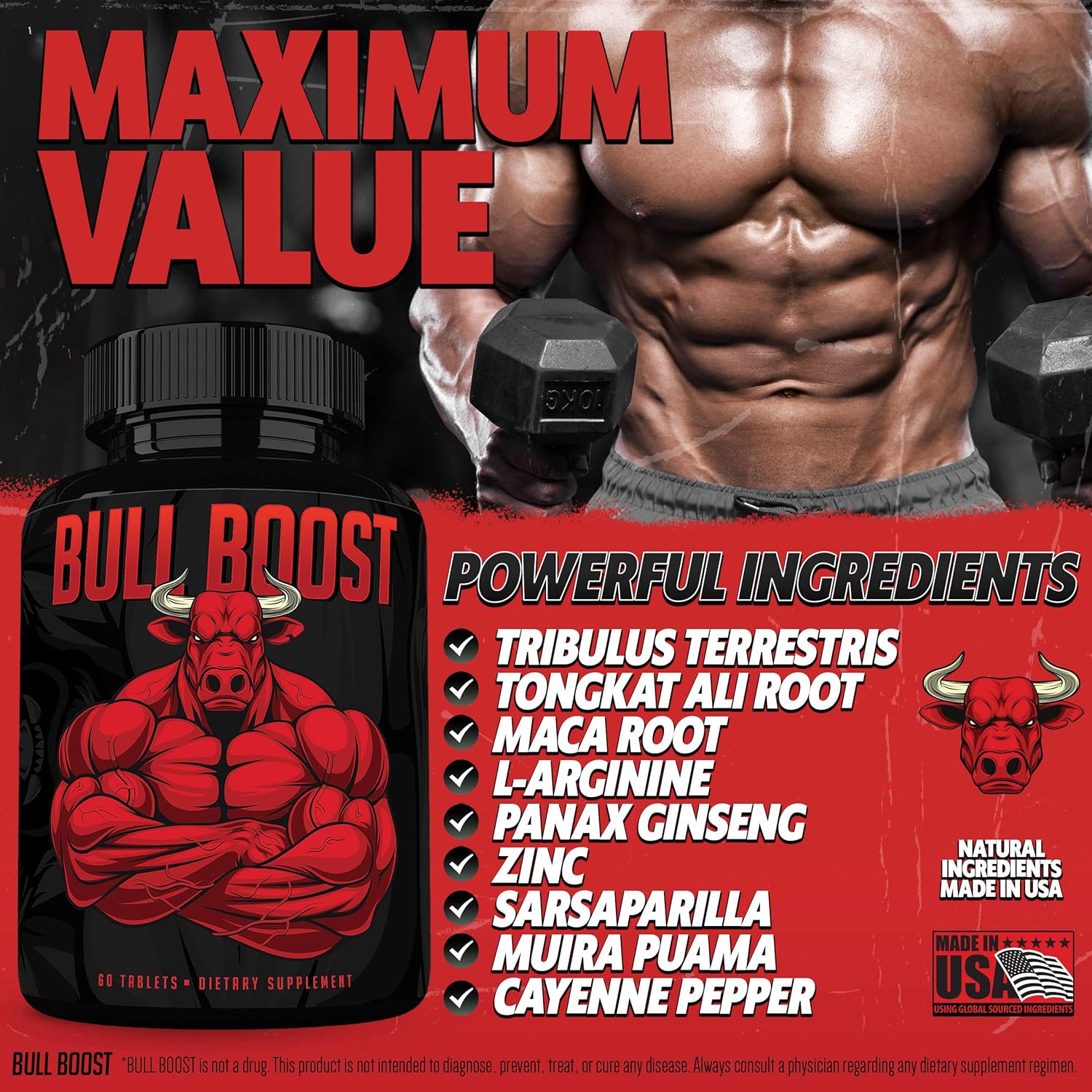 Bull Boost Testosterone Booster for Men - Enlargement Supplement - Increase Size, Strength, Stamina - Energy Enhancing, Mood, Endurance Boost - Natural Male - 1 Month Supply - Made in USA: Health & Personal Care