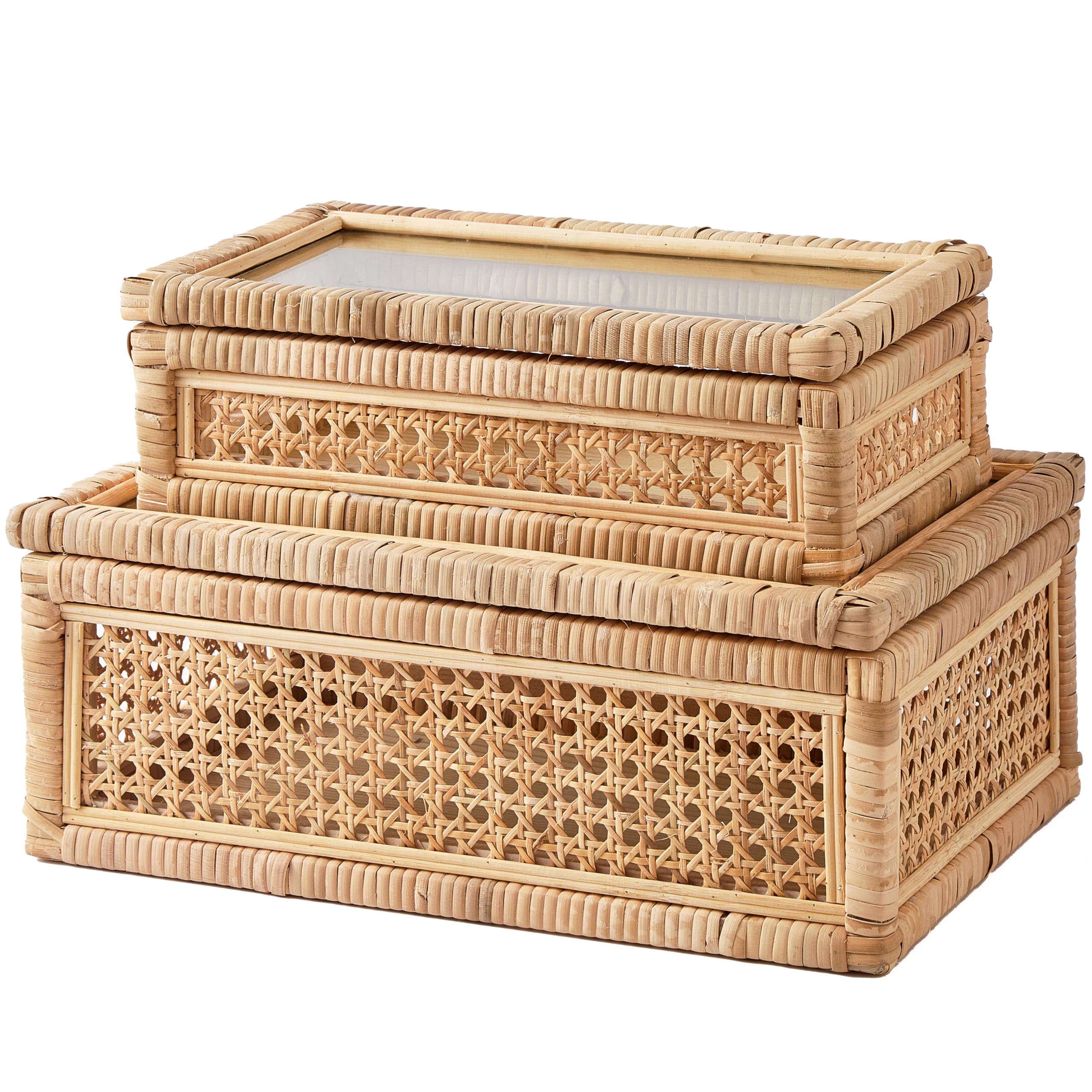 Photo 1 of Denique Boho Rattan Display Boxes with Glass Lids, Set of 2 Rectangular Decorative Storage Box, Handwoven Rattan Basket for Home Decor