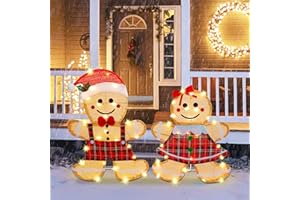 Joliyoou Christmas Yard Decoration, Set of 2 Pre-lit Gingerbread Man with 50 Warm White Lights, 2D Gingerbread Man Couple for Xmas Front Door Indoor Outdoor Lighted Holiday Displays