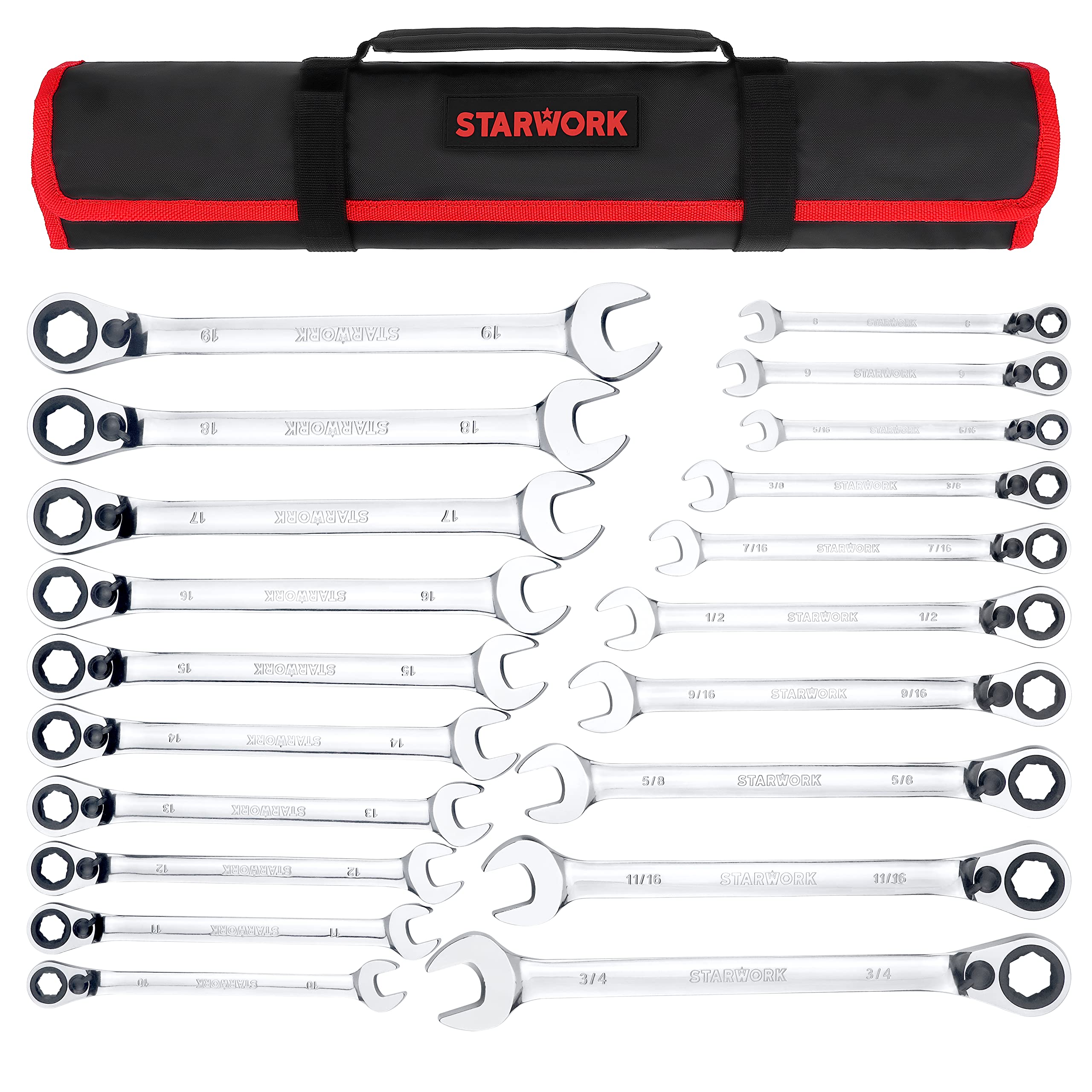 STARWORK True Mechanic™ 20 Pc. Reversible Ratcheting Combination Wrench Set, Non-Slip, Long Pattern, SAE, Metric, Professional, with Portable Roll-Up Pouch Bag