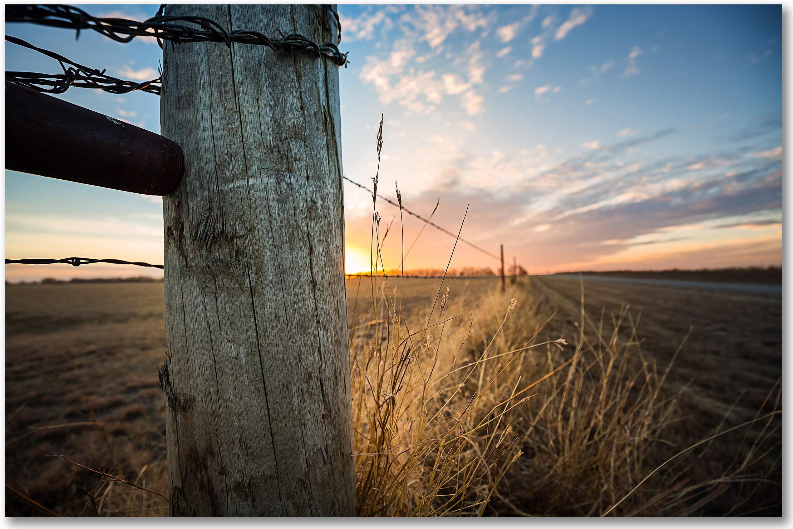Country Wall Art Photography Print - Picture of Barbed Wire Fence Post and Prairie Grass at Sunset in Oklahoma - Unframed Western Farm Photo Artwork Decor 5x7 to 40x60