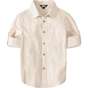 JOGAL Boys Button Down Shirt Roll-Tab Long Sleeve Dress Shirts 6-14Y | Button Up, Pure Cotton, Linen-like, Dressy-Casual Vers