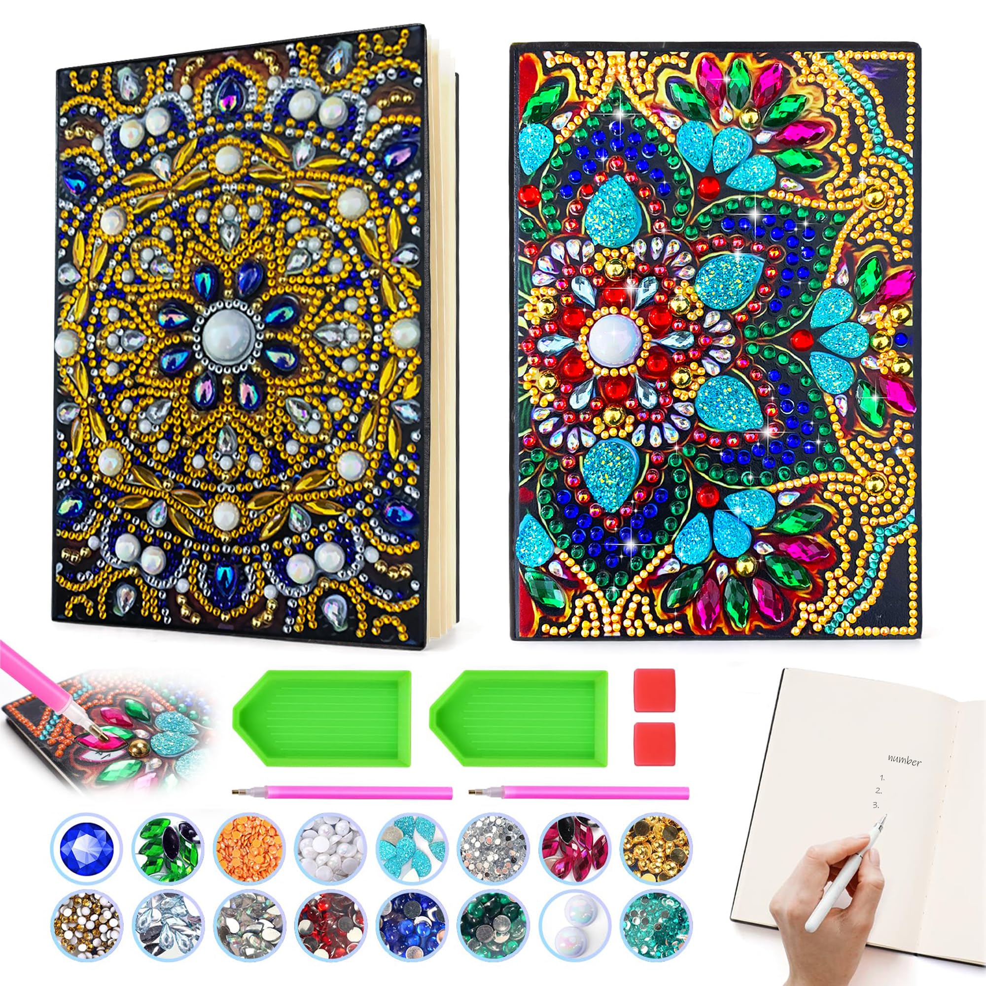 Businey 2PCS Diamond Art Notebook, A5 Mandala Blank Notebook Craft Kits for Kids Age 6 8 9 10, 5D Diamond Painting Notebook Kit for Girls Boys Birthday Presents