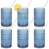 KMIGRUAN Large Hobnail Drinking Glasses Set of 6,15oz Blue Vintage Glassware,Embossed Glass Cups,Water Tumbler,Highball Glasses For Beer, Juice And Various Mixed Drinks