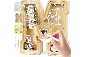 Weallbuy Wooden Letter Piggy Bank A-Z Personalized Clear Coin Bank for Kids Boys Girls With Stickers Marker Screwdriver (M)