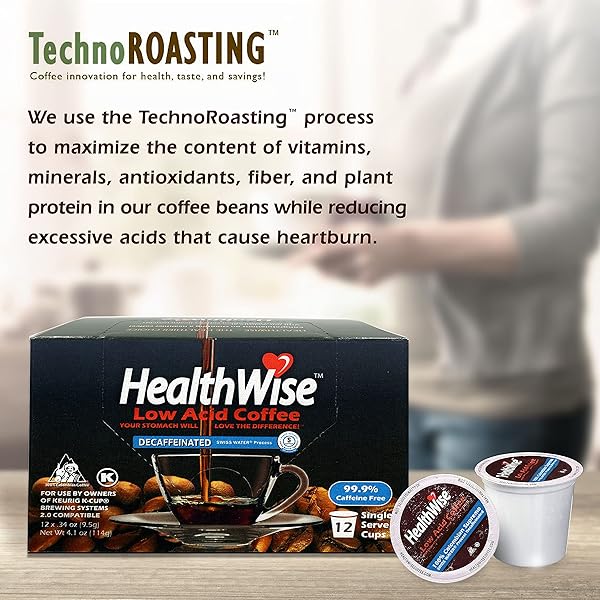 HEALTHWISE LOW ACID UNFLAVORED DECAF, CHEMICAL FREE SW PROCESS, 99.9% CAFFEINE FREE, MEDIUM ROAST – 12 COUNT (PACK OF 1)