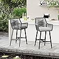 HOMTHING 24'' Outdoor Counter Height Bar Stools Set of 2, Rattan Bar stools Boho Woven Patio Bar Stools with Backrest and Aluminum Legs, Modern Outdoor Patio Garden Pool Bar Chairs (Gray)