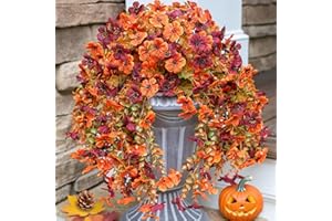 INSPRING Fake Autumn Flowers for Outdoors, 2Pcs Artificial Fall Light Orange & Brown Daisy Outside Decor, Fake Hanging Decoration, Realistic Plants, Silk Flower for Porch Patio Balcony Planter