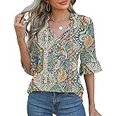 Rapbin Womens 3/4 Length Sleeve Blouses Ruffle Cuffs V Neck Button Down Shirts Dressy Flowy Tunic Tops