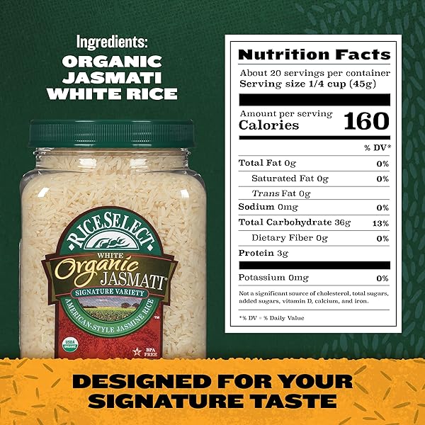RICESELECT ORGANIC JASMATI WHITE RICE FOR ASIAN-FOOD-INSPIRED RECIPES, PREMIUM NON-GMO GLUTEN-FREE LONG-GRAIN JASMINE RICE, 32-OUNCE JAR
