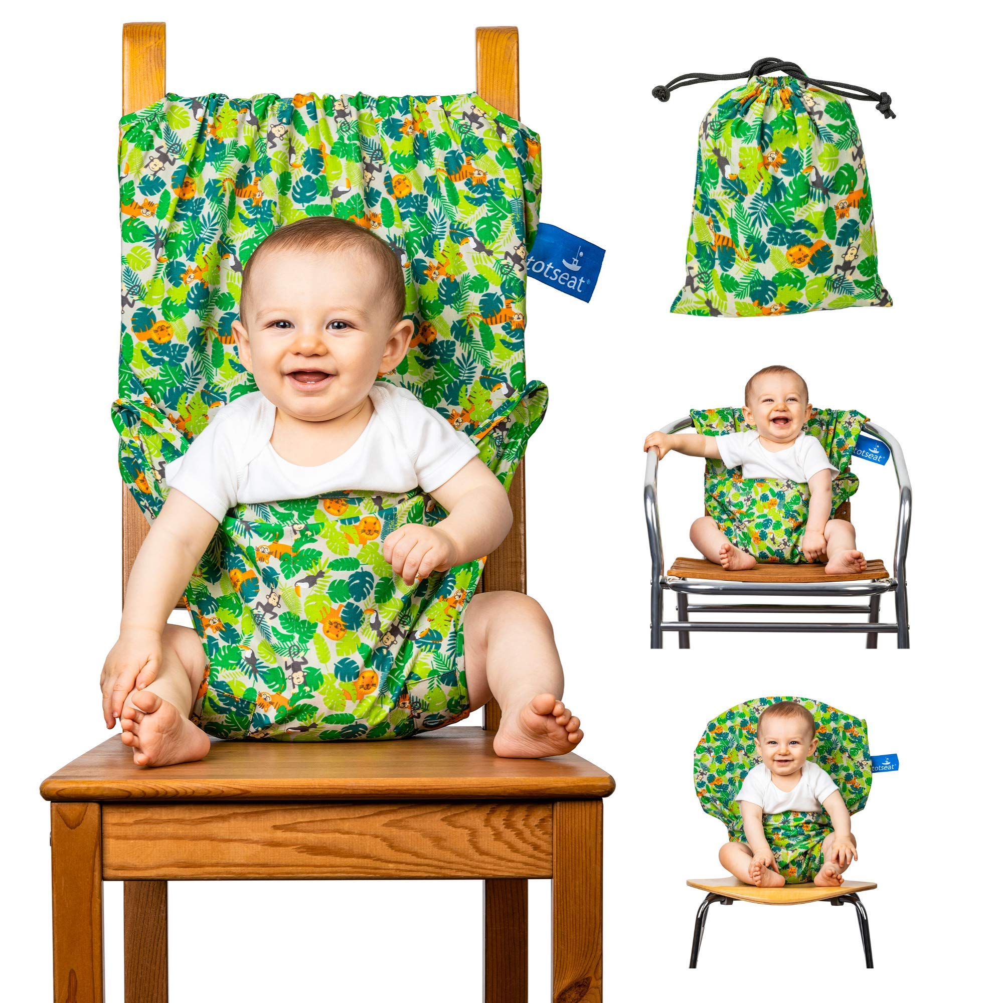 The totseat Portable Travel High Chair (Multi-Coloured Jungle Design) | Toddler High Chair Seat Cover (6-30months) | Washable, Adjustable, Convenient, Safety | Cloth Chair Harness