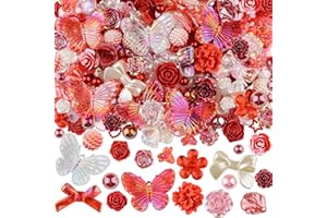 kikonoke 350 Pieces 3D Resin ABS Colorful Rose Flower Bows Butterfly Charms with Flatback Half Round Pearl Beads for Bracelet Earring Necklace Craft DIY Making Supplies (Red)