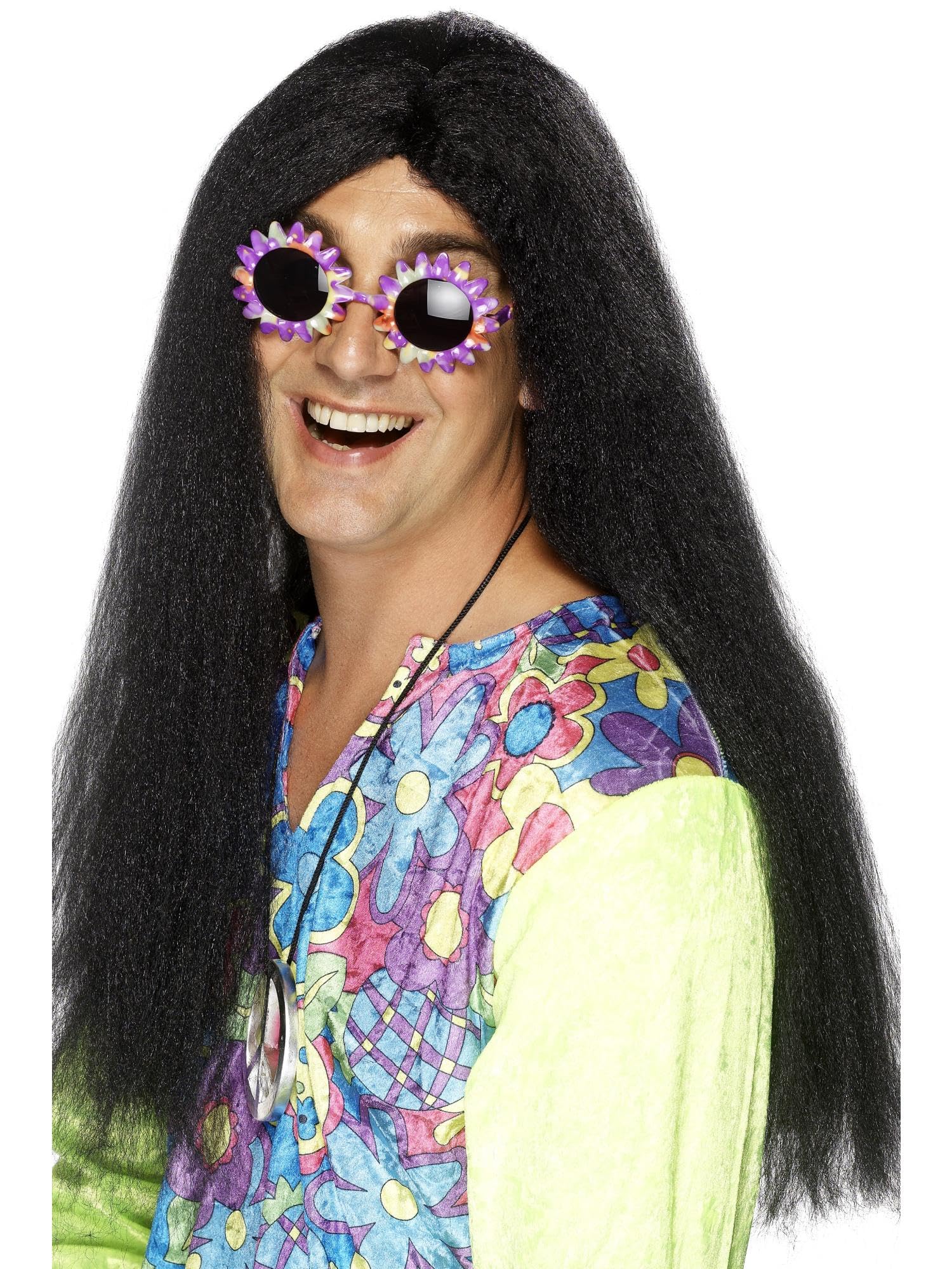 Smiffys Hippy Wig, Black Long with Centre Parting, 1960's Groovy Fancy Dress, Adult Dress Up Wigs Halloween