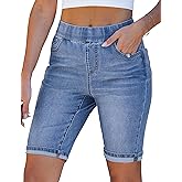 luvamia Bermuda Shorts for Women Jean Pull On Elastic Waist High Waisted Knee Length Fold Hem Stretchy Denim Long Shorts