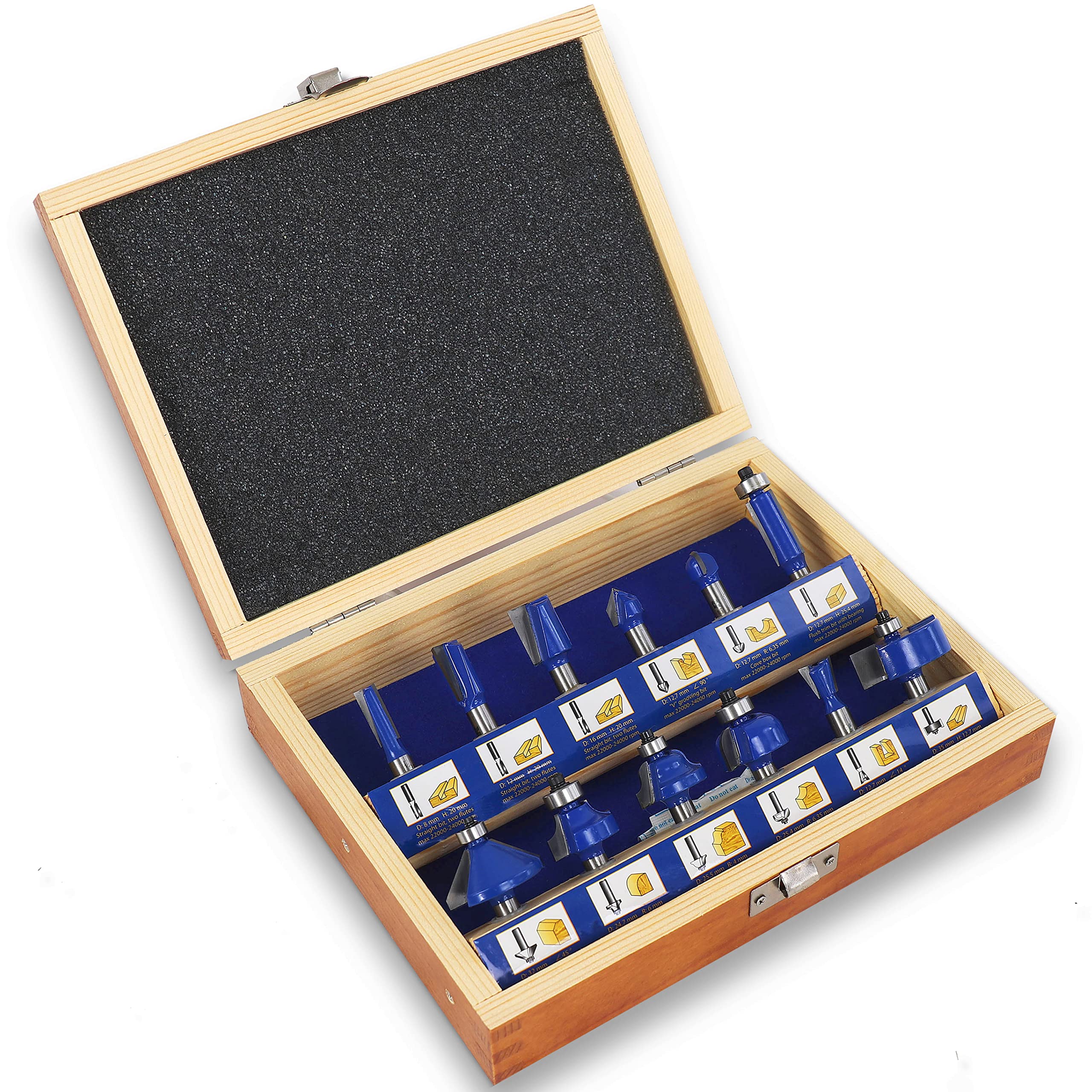 S&R 12-Piece Router Bit Set for Professional Woodworking - High-Quality Forged Tool Steel with Tungsten Carbide Cutting Edges, 8mm Shank, Wooden Case Included"
