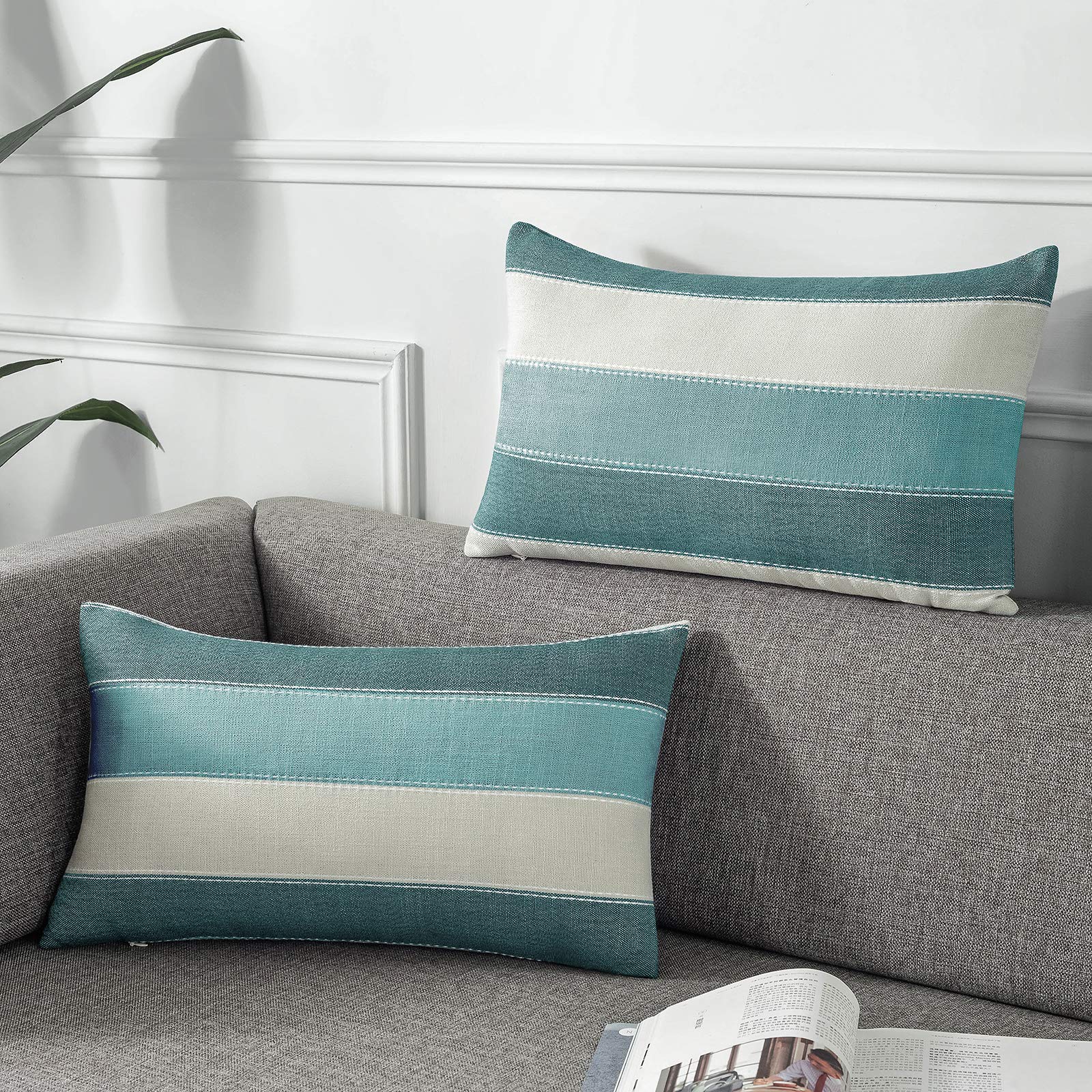 Photo 1 of AmHoo Pack of 2 Farmhouse Stripe Check Throw Pillow Covers Set Case Cotton Linen Decorative Pillowcases Cushion Cover for Couch Bench Sofa 12x20Inch Teal Blue