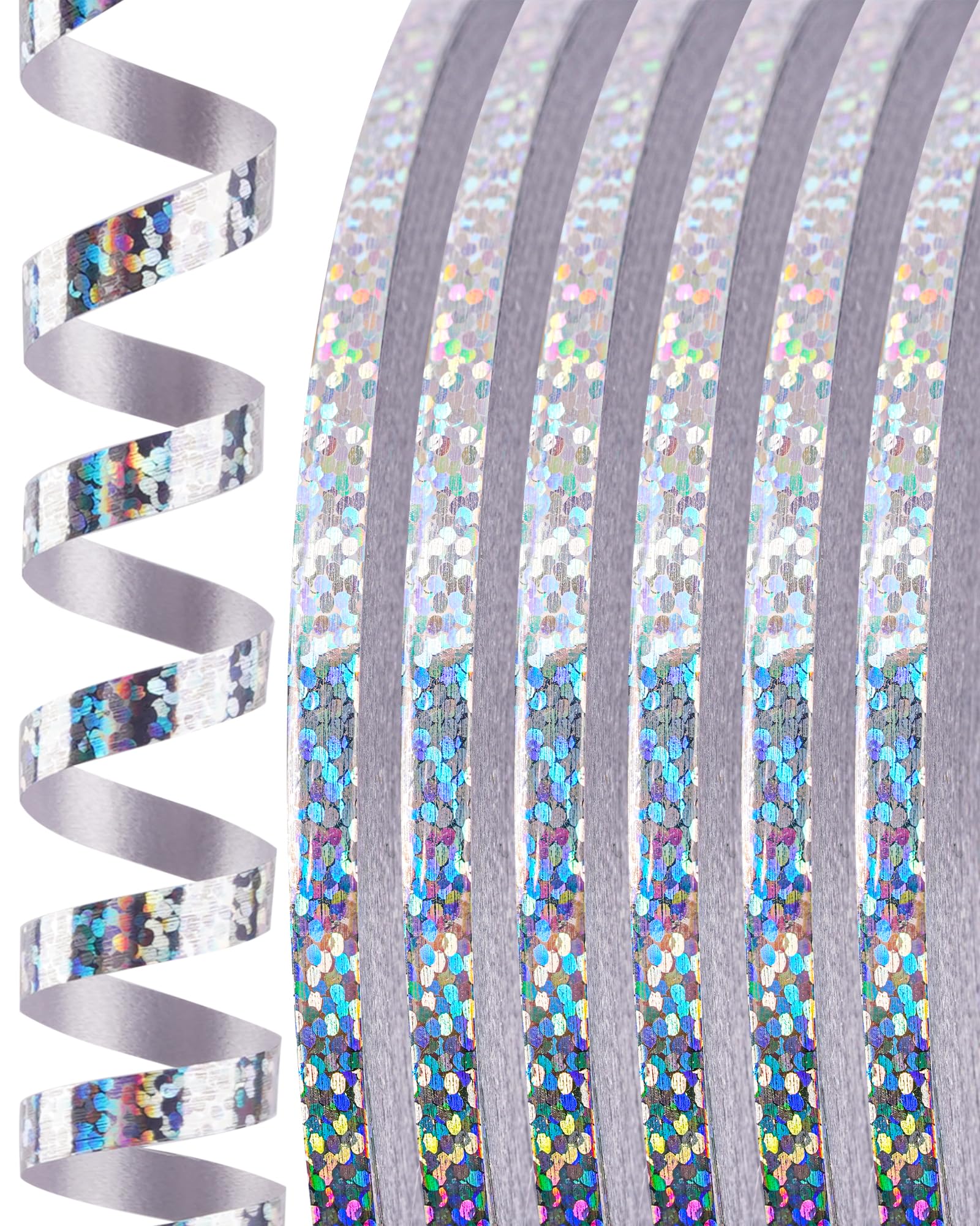 Photo 1 of PartyWoo Silver Iridescent Crimped Ribbon - 6 Rolls, 100 Yards Each, Perfect for Balloons, Crafts, Gift Wrapping, Weddings & Floristry1048670432

