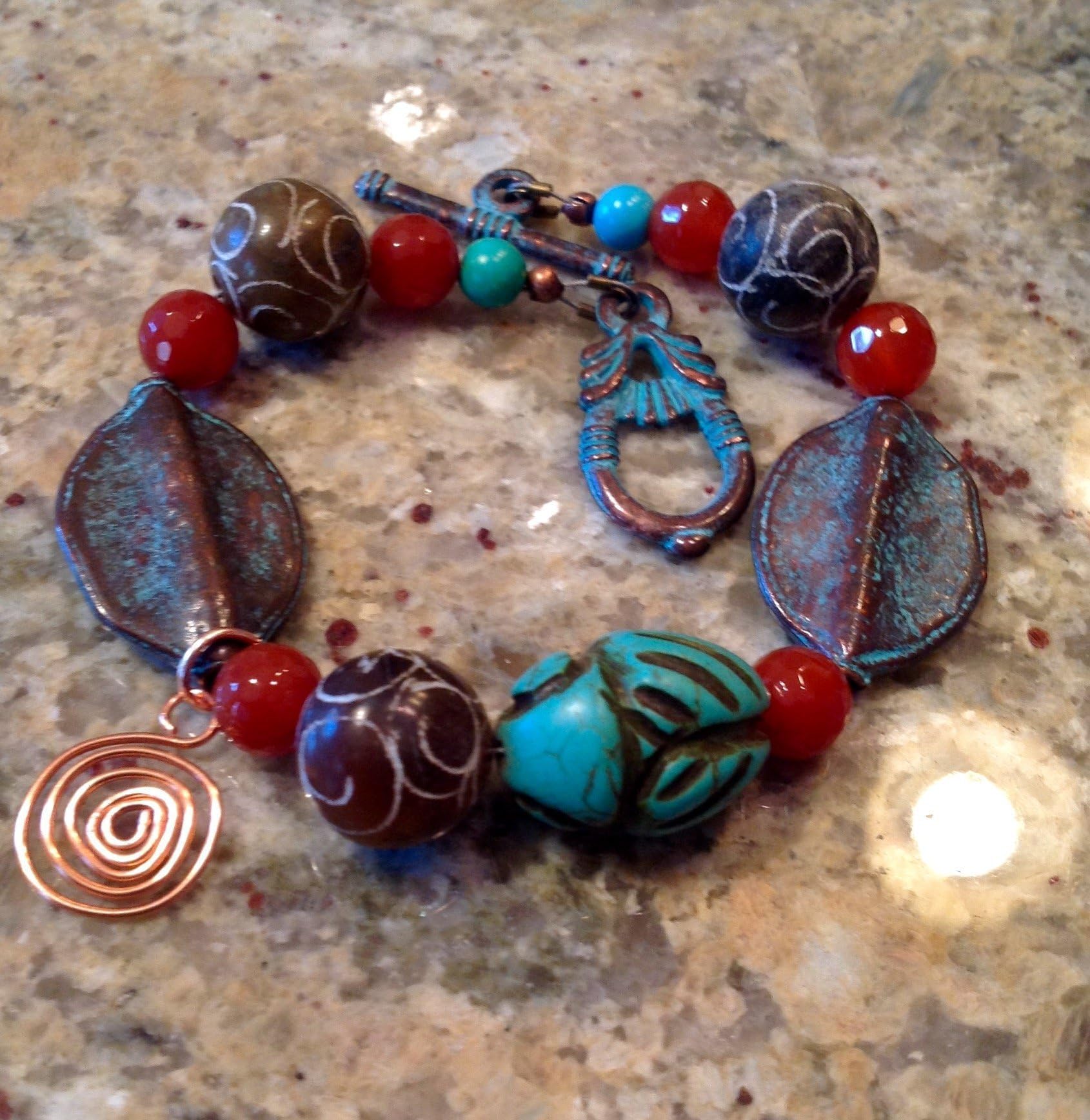 Beaded Bracelet, Antique Copper, Mykonos Greek Style, Natural Gemstones, Sienna Red Agate, Carved Tan Jade, Turquoise Blue Chinese Carved Cicada Bead, Ethnic