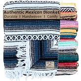 Del Mex Classic Mexican Blanket, Large Authentic Woven Falsa Throw (70"x50"), Artisan Southwest D&eacute;cor for Beach, Yoga, Outdoors (Navy Blue)