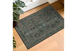 HAZO HAUS Dark Green Washable Entry Rug - Front Door Throw Rugs Indoor, Non-Slip Bathroom Small Rugs, Vintage Floral Thin Rug for Kitchen, Boho Entryway Décor (2x3 Dark Green)