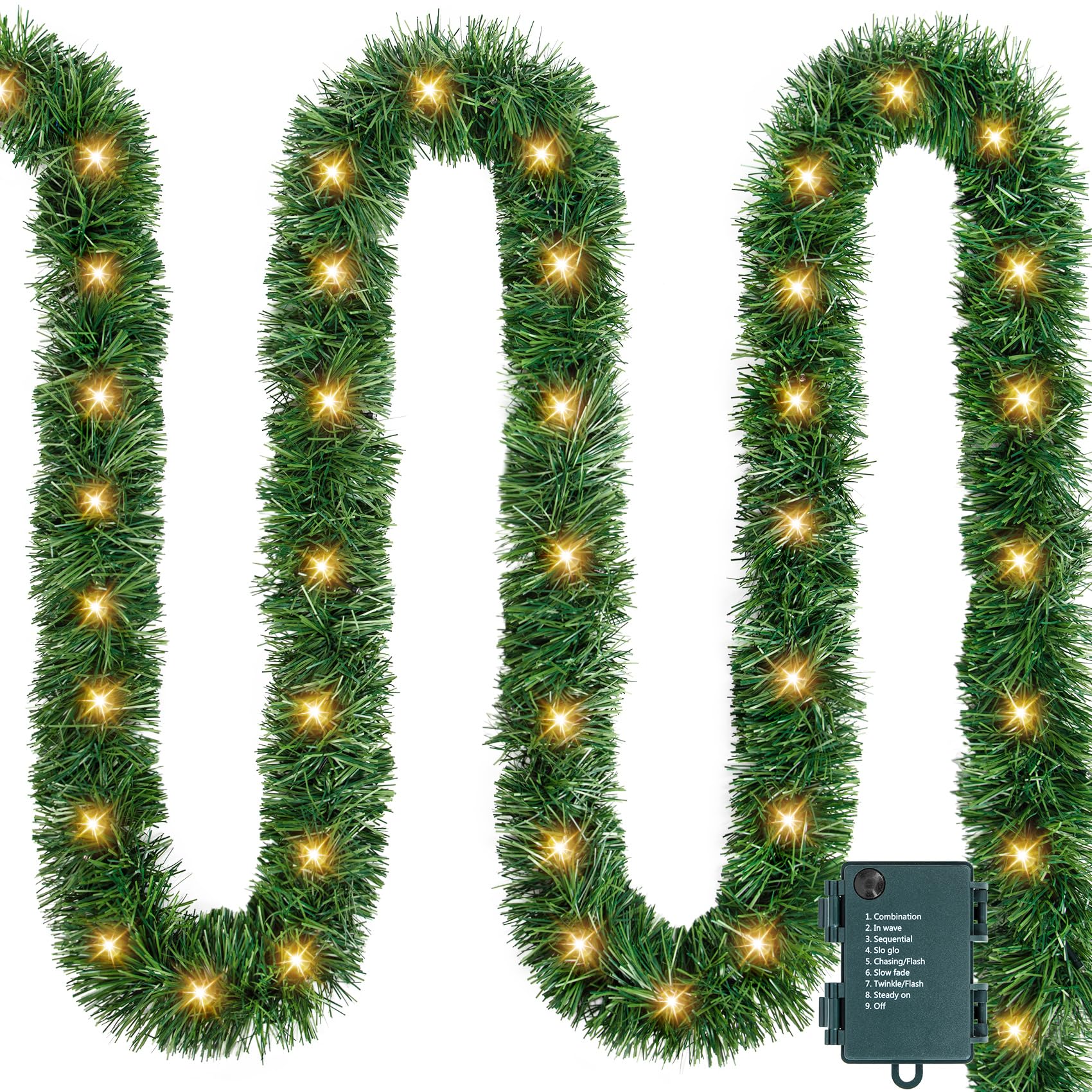 Photo 1 of 19.7 Ft Lighted Garland, 60 LED Prelit Christmas Garland with Lights, Artificial Winter Battery Operated Green Garlands for Decoration Christmas Xmas Indoor Outdoor Mantle Fireplace Holiday Decor