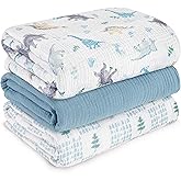 Muslin Swaddle Blankets for Newborn, 3 Pack Breathable Soft Receiving Blanket, Large 38 x 40 inches Swaddle Wrap Burping Clothes Diapers, Essentials Infant Shower Items, Toddler Gift (Blue Dinosaur)