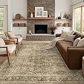 FMFUNCTEX 8x10 Washable Area Rug Brown Vintage Neutral Distressed Large Non Slip Carpet for Living Room Bedroom Soft Low Pile Indoor Mat Retro Floral Throw Rug for Dining Room Kitchen Office Nursery